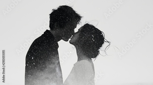 Fototapeta kuchenna キスをしている若い男女のカップルと星空の二重露出, 白黒のノスタルジックな儚い愛
