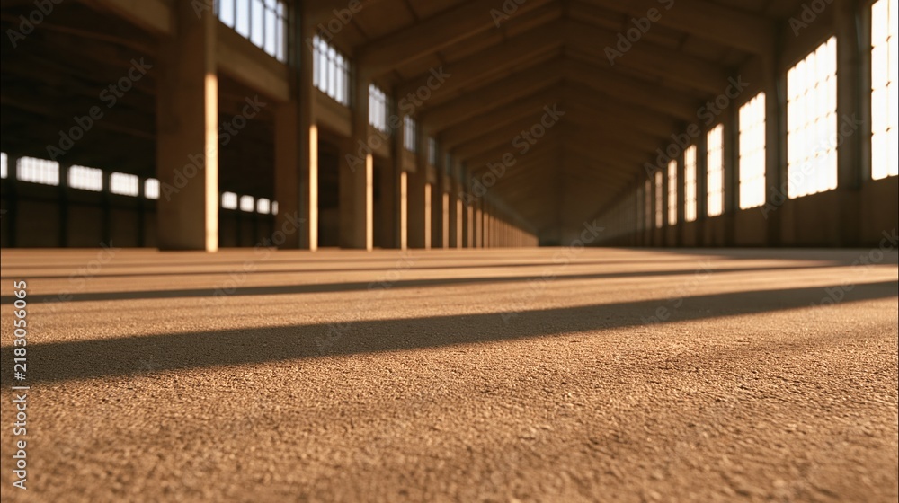 Obraz premium Empty industrial hall with warm sunlight casting long