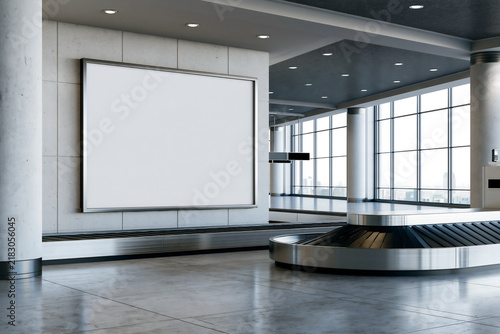 Blank white poster frame on the wall of an airport baggage claim hall