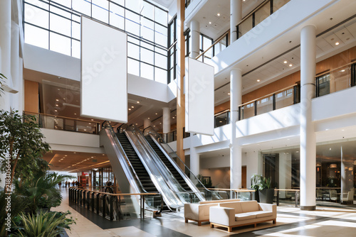 Blank white hanging banners in a bright shopping mall atrium with escalators