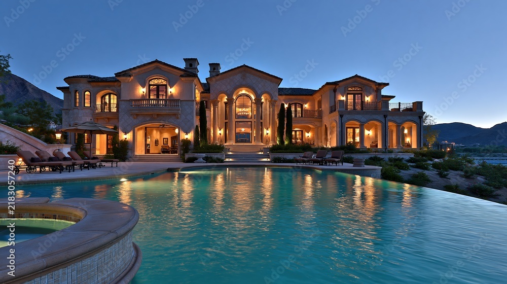 Obraz premium Luxurious mansion with pool at twilight