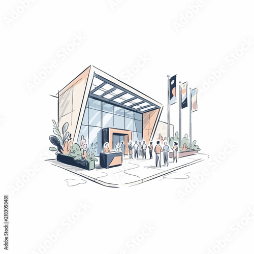 Modern Exhibition Center Entrance with People at Business Conference Illustration
