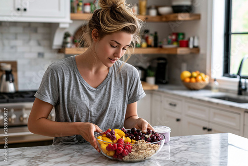 Woman preparing a bowl of fresh fruit and oats in a kitchen at home