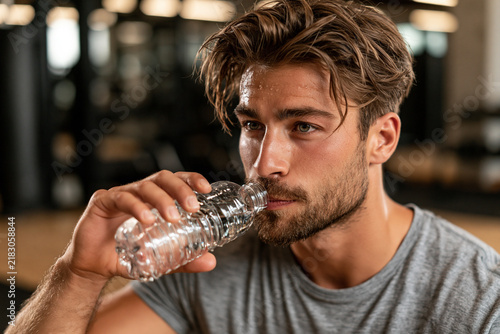 Man drinks water in gym during workout session