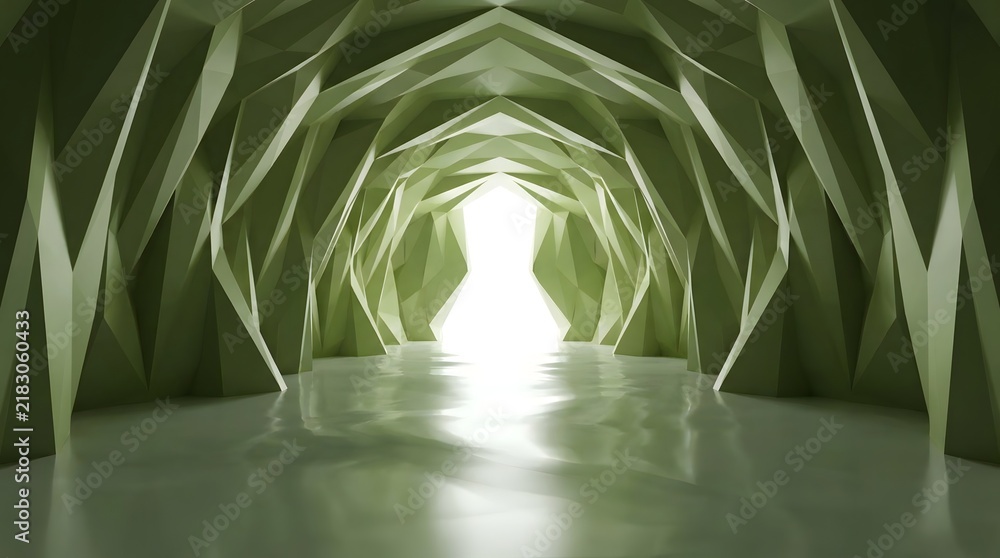 Obraz premium Polygonal tunnel with a bright opening a 3d rendering in pale green