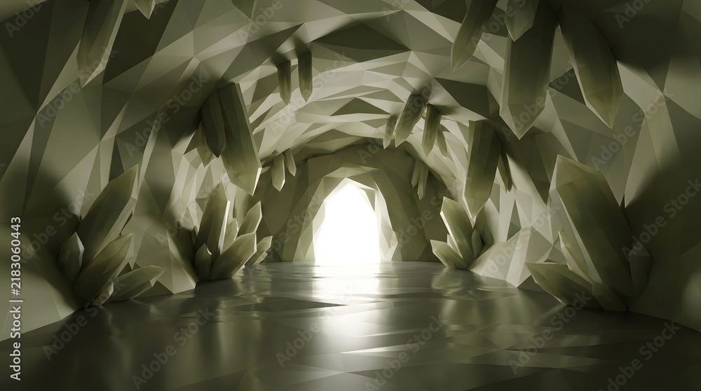 Fototapeta premium Polygonal cave interior with illuminated entrance a 3d rendering