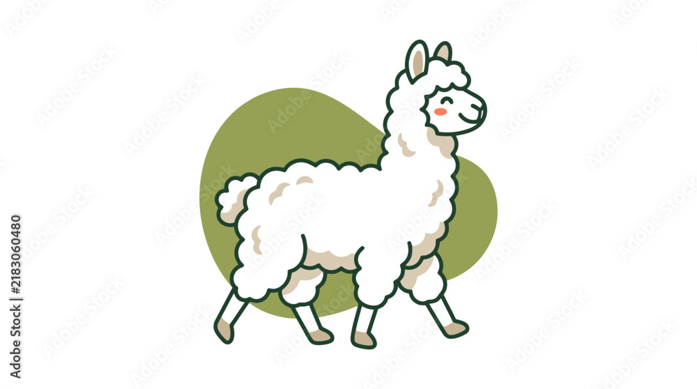 Fototapeta premium Cute white llama cartoon walking on green background.