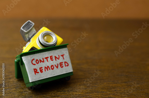 Content Removal and Media Takedown Concept with Camera in Trash Bin