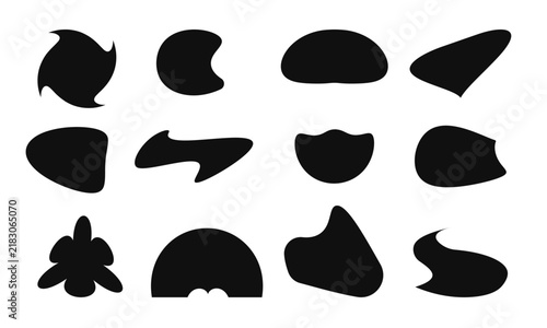Y2K minimal organic fluid shapes vector set. Modern black abstract blob elements and liquid silhouettes for trendy graphic design