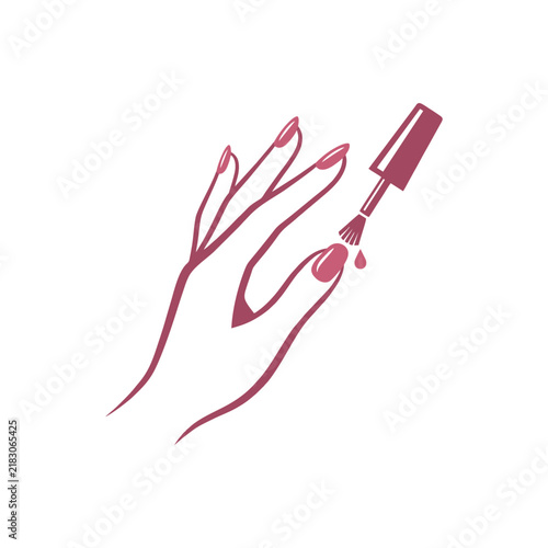 Female hand applying pink lacquer during a professional beauty session for manicured fingernails with a small cosmetic brush tool representing feminine style self care and grooming industry