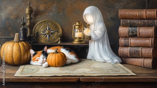 Cozy Vintage Library Scene with Sleeping Cat, Children's Doll, and Autumn Decor