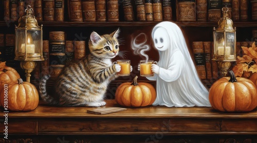 Cozy Halloween Scene with Cat, Ghost Figure, Pumpkins, and Warm Lighting in Library Setting