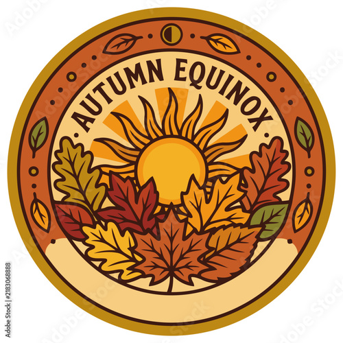 Celebrate Autumn Equinox with this vibrant emblem! Featuring a sun, falling leaves, and harvest imagery, it embodies balance, renewal, and embodies Emblem Leaf Pride.