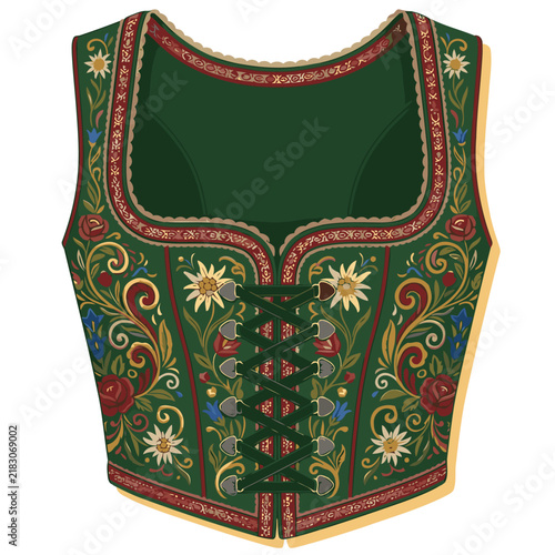 Detailed embroidery showcases a vibrant Bavarian bodice. Rich green, gold, and floral accents create a stunning, ornate design. Perfect for historical, folk, or fantasy themes.