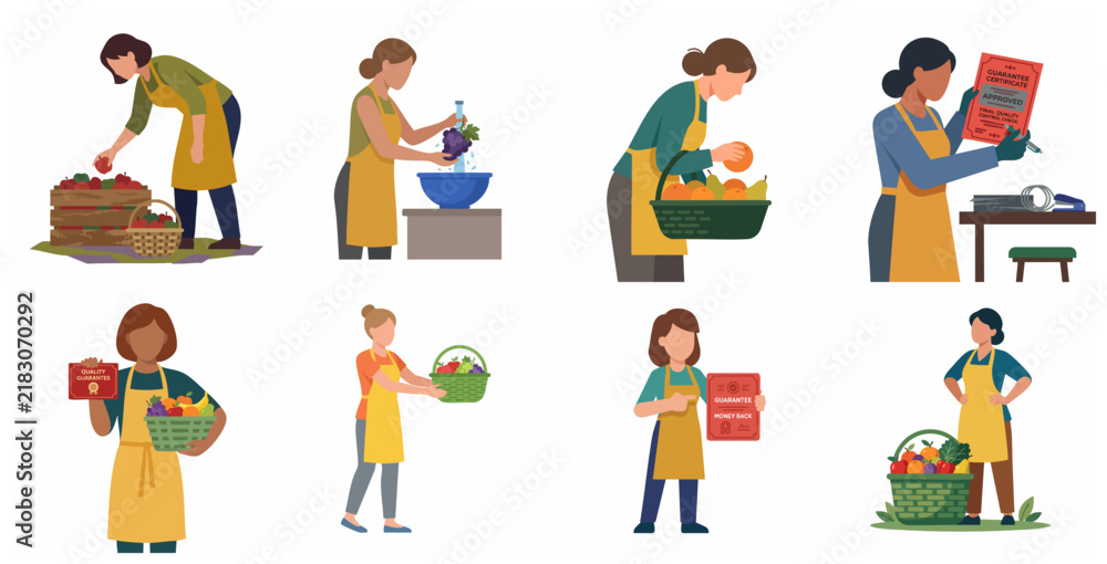 Fototapeta premium Diverse women workers harvesting and inspecting fruit quality flat vector illustration set