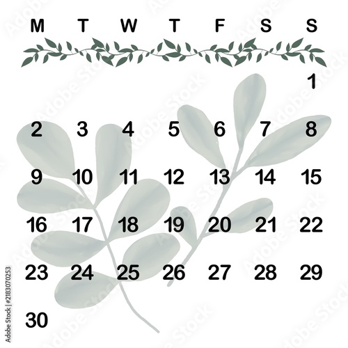 Undated 30-Day Monthly Calendar Template, Monday Start, Month Begins Sunday, White Background