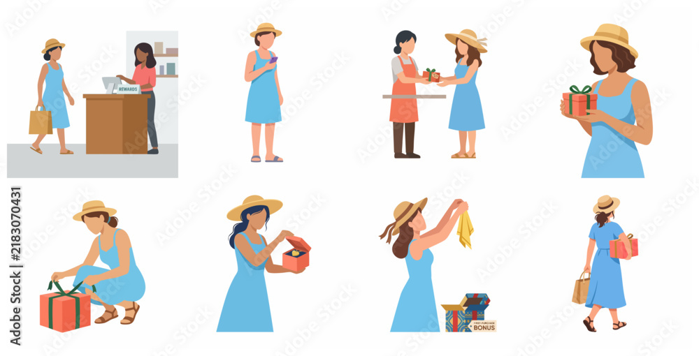 Fototapeta premium Flat vector illustration set of a young woman shopping, receiving rewards, unboxing gifts, and using a mobile app for loyalty programs in a retail setting
