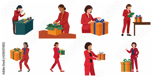 Set of businesswoman characters managing and delivering gift boxes and parcels
