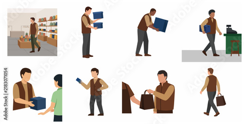 Male retail shop assistant vector illustration set featuring worker carrying boxes and serving customers