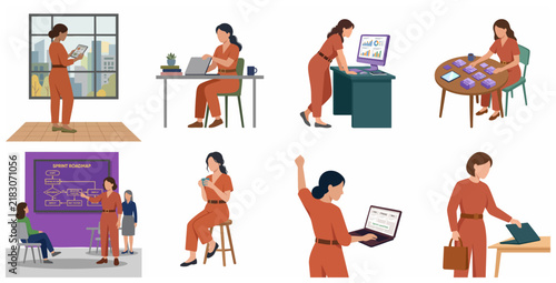 Set of businesswoman flat vector illustrations performing office tasks, agile scrum sprint activities, data analysis, presentation, and celebrating success in modern workplace.