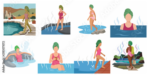 Set of diverse women relaxing in natural hot springs and outdoor thermal baths flat illustration