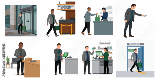 Retail Store Customer Journey for Product Return and Refund Policy Vector Illustration Set