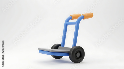 A simple, stylized blue hand truck with orange handles and black wheels on a white background.