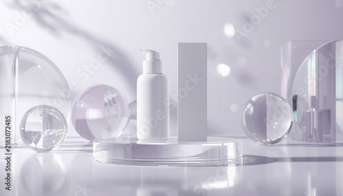 Elegant Skincare Presentation: A minimalist arrangement showcasing a white pump bottle and a matching box on a clear acrylic podium, surrounded by decorative glass spheres and soft shadows.