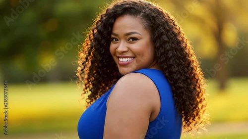 Smiling Plus Size Woman Outdoors in Blue Top. 4K Video