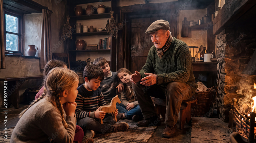 Fototapeta premium Elderly Storyteller Sharing Village Legends with Children