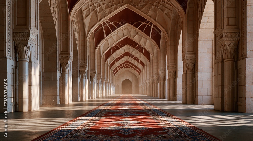 Obraz premium Sunlit mosque corridor with red carpet and arched