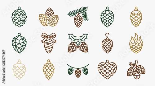 Set of 15 stylized pine cone icons in green, brown, and gold line art. Features include holiday ornaments, geometric patterns, hearts, fire, bows, and holly leaves on a white background.