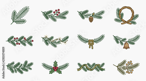 Set of twelve vector illustrations featuring Christmas evergreen branches with pine needles, holly berries, pinecones, bells, wreaths, and ribbons on a plain white background.