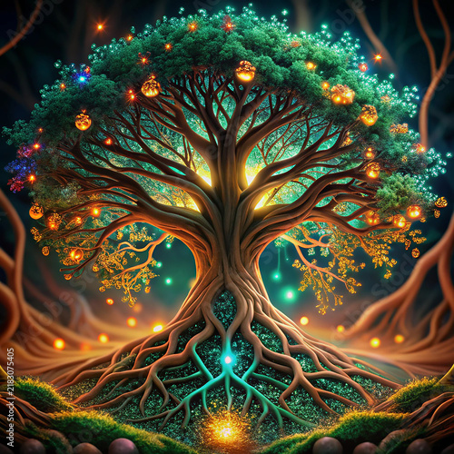 Magical Glowing Tree of Life with Roots and Floating Lights in Enchanted Forest Fantasy Art