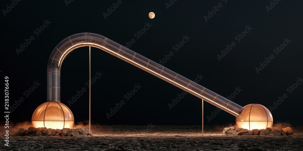 Obraz premium Futuristic transparent tube bridge connecting spheres under moonlit