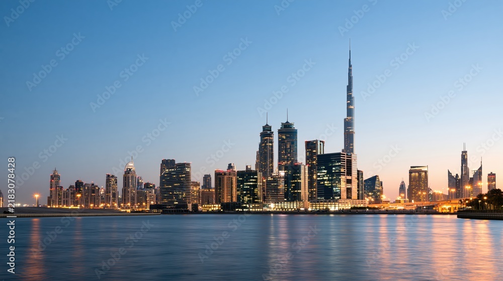 Fototapeta premium Dubai skyline at twilight with illuminated skyscrapers reflecting