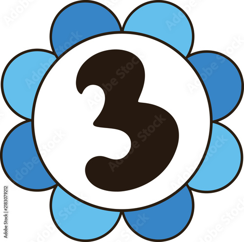 Charming blue flower number three digital art for children education printables and playroom decor