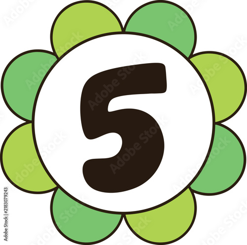 Bright green flower number five digital art for preschool counting flashcards and nursery decor