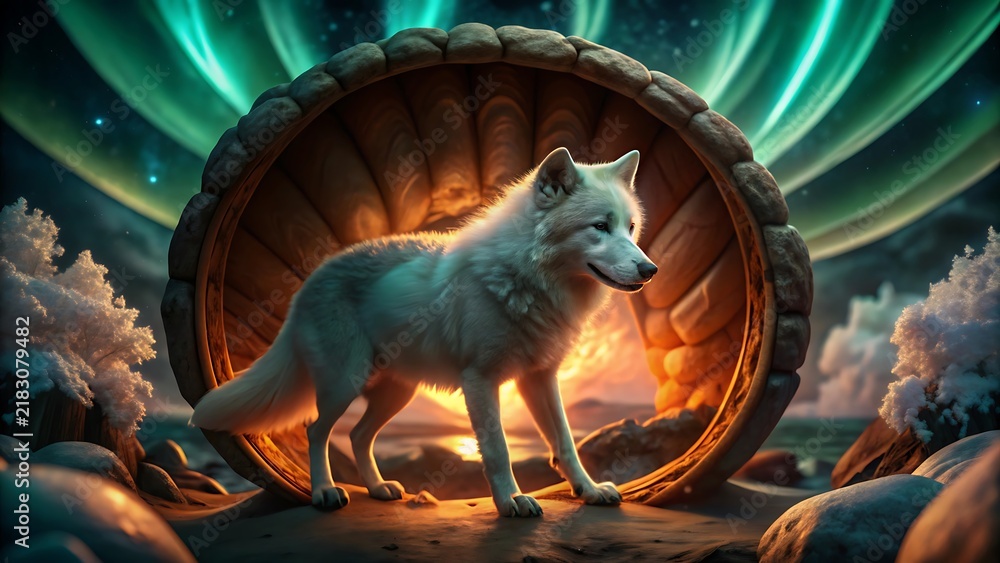 Obraz premium White wolf standing inside a wooden circle against a aurora borealis sky with northern lights animal portrait wildlife predator