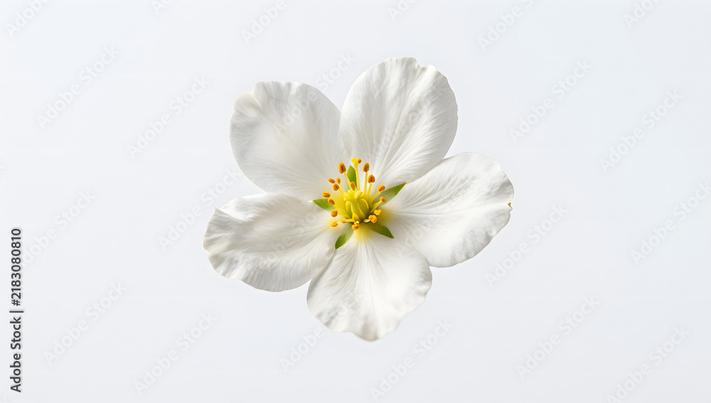 Fototapeta premium Delicate White Blossom: A single, perfectly formed white flower with five delicate petals and a vibrant yellow center stands out against a clean backdrop, showcasing its simple elegance.