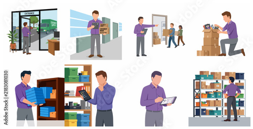 Flat vector illustrations of warehouse management, logistics operations, inventory tracking, and order fulfillment processes.