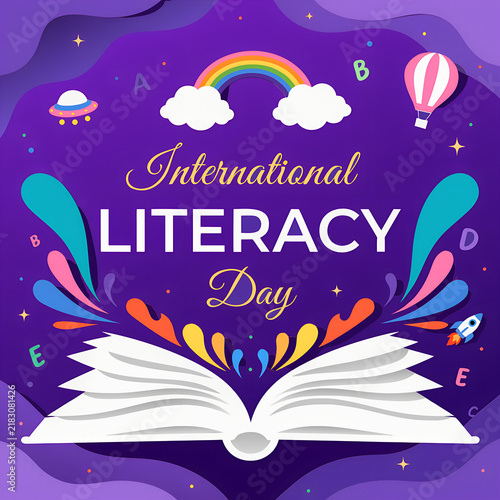 International Literacy Day Banner with Students Reading on Huge Stack of Books and Graduation Cap
