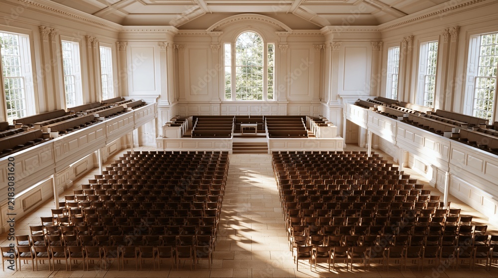 Obraz premium Grand empty auditorium with rows of wooden chairs