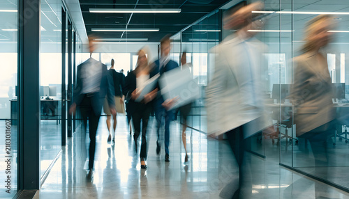 Modern Corporate Office Corridor with Blurred People