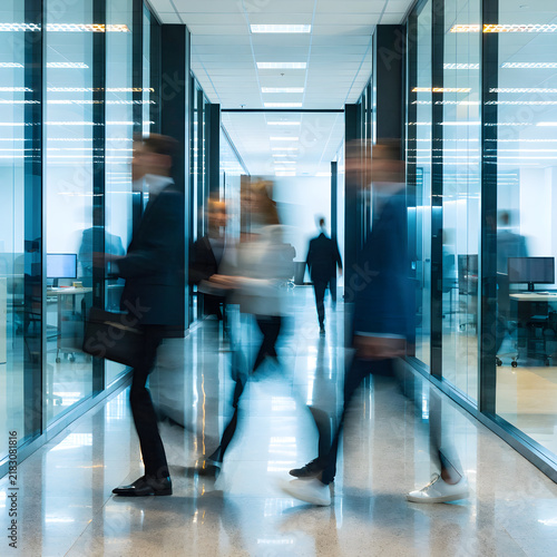 Business Professionals in Glass Walled Office Corridor