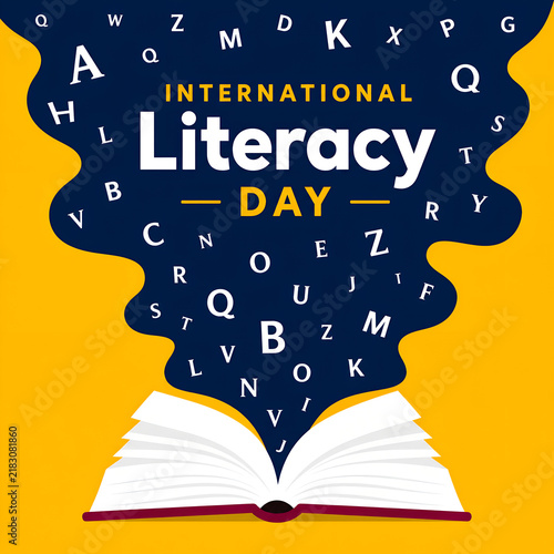 International Literacy Day Banner with Students Reading on Huge Stack of Books and Graduation Cap