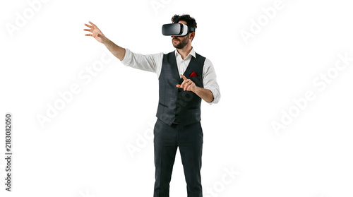 Businessman wearing VR headset interacting with digital interface isolated on white background