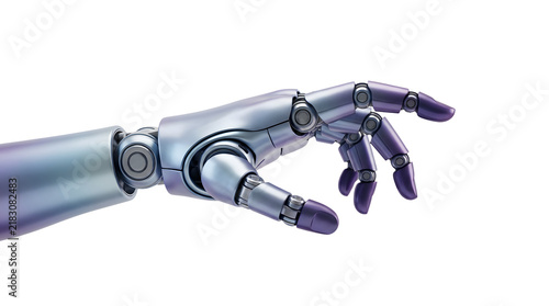 Metallic robotic hand reaching out isolated on white background