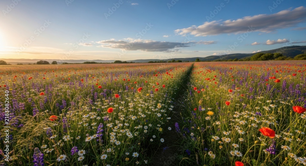 Obraz premium Vast meadow with colorful wildflowers and a path at sunset