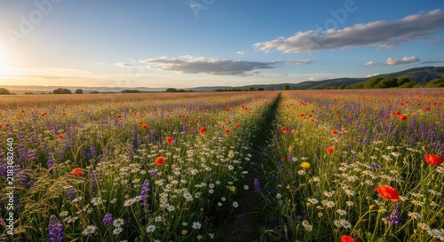 Vast meadow with colorful wildflowers and a path at sunset